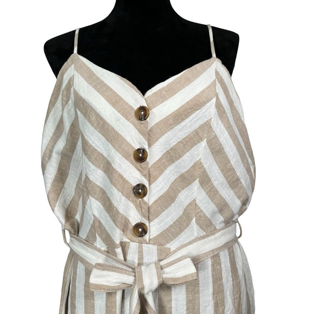 Kensie White Tan Stripe Jumpsuit Cotton Linen Spaghetti Strap Wide Leg Cropped - Picture 14 of 16